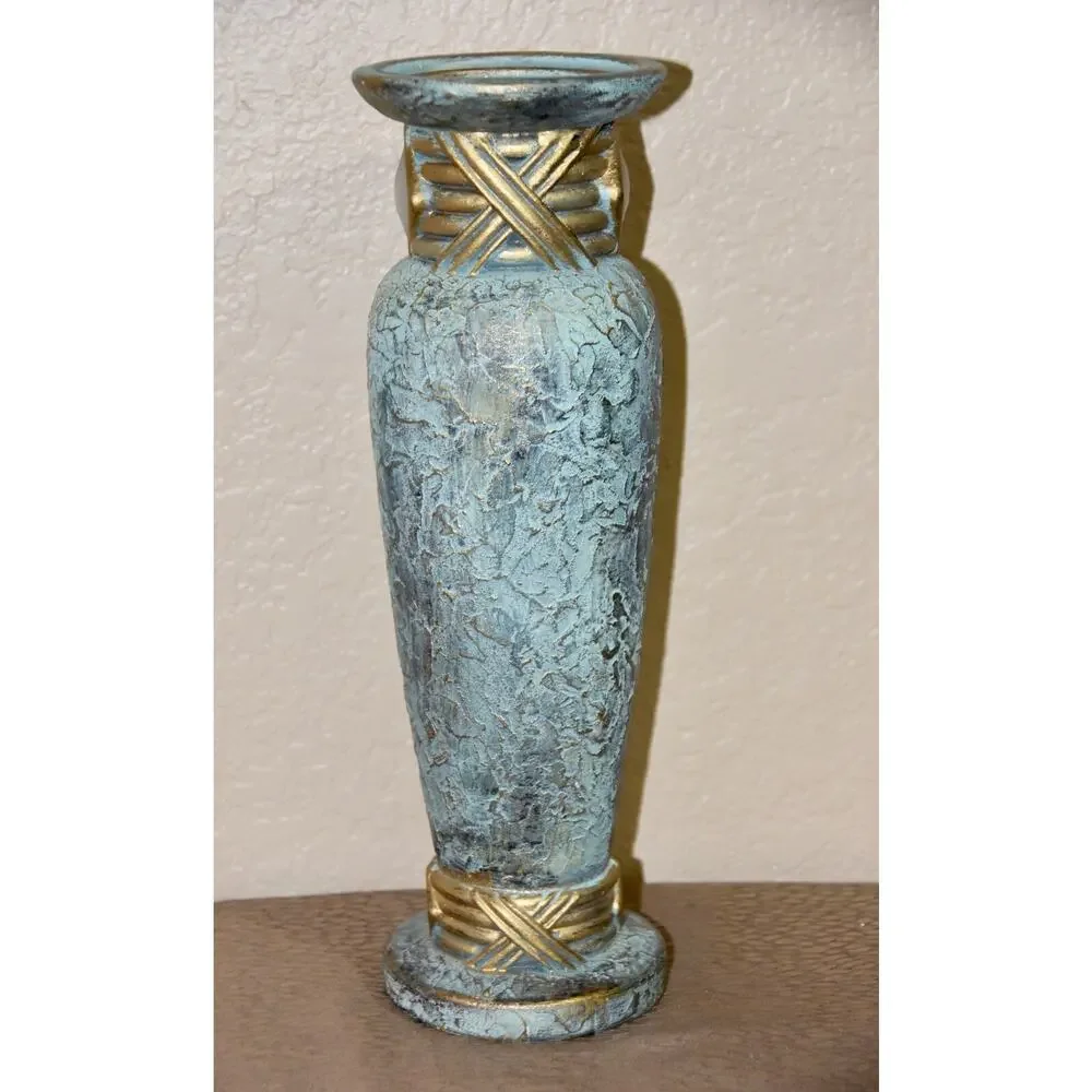 Jaru Art Deco Green and Gold Cast Stone Ceramic Pillar Candle Holder